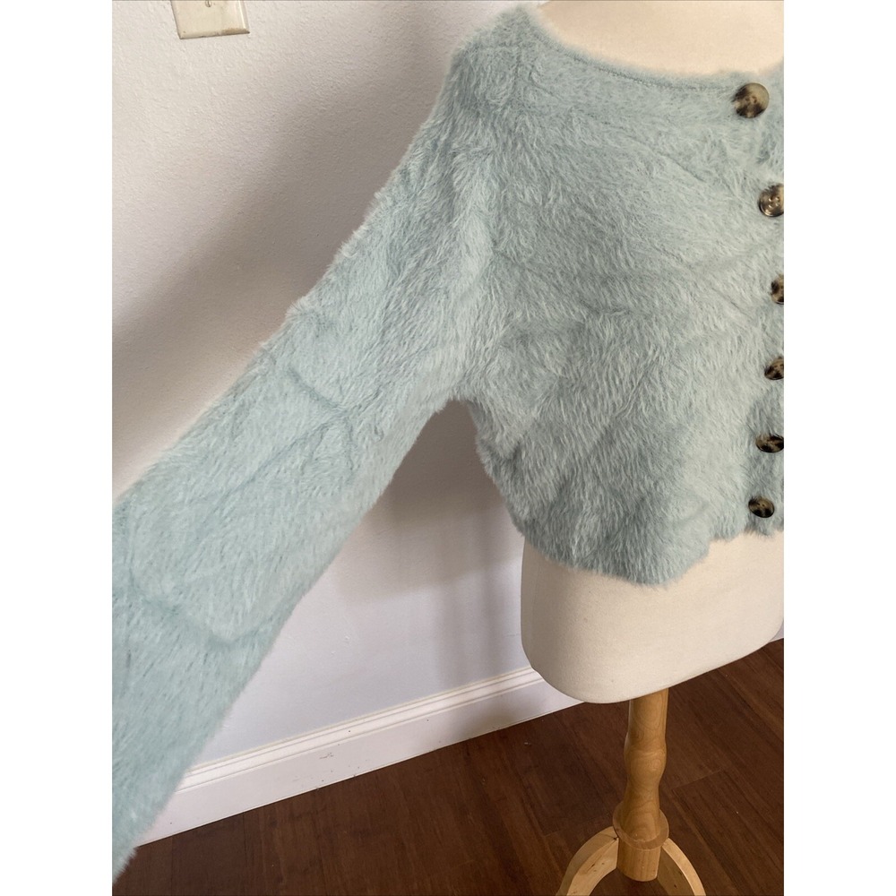 Lulus Crop Sweater Womens Extra Small Teal Soft Fuzzy Oversized Fluffy Y2K - Picture 3 of 12